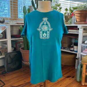 Kismet Teal Organic Cap Sleeve Yoga Tee with Hamsa Image